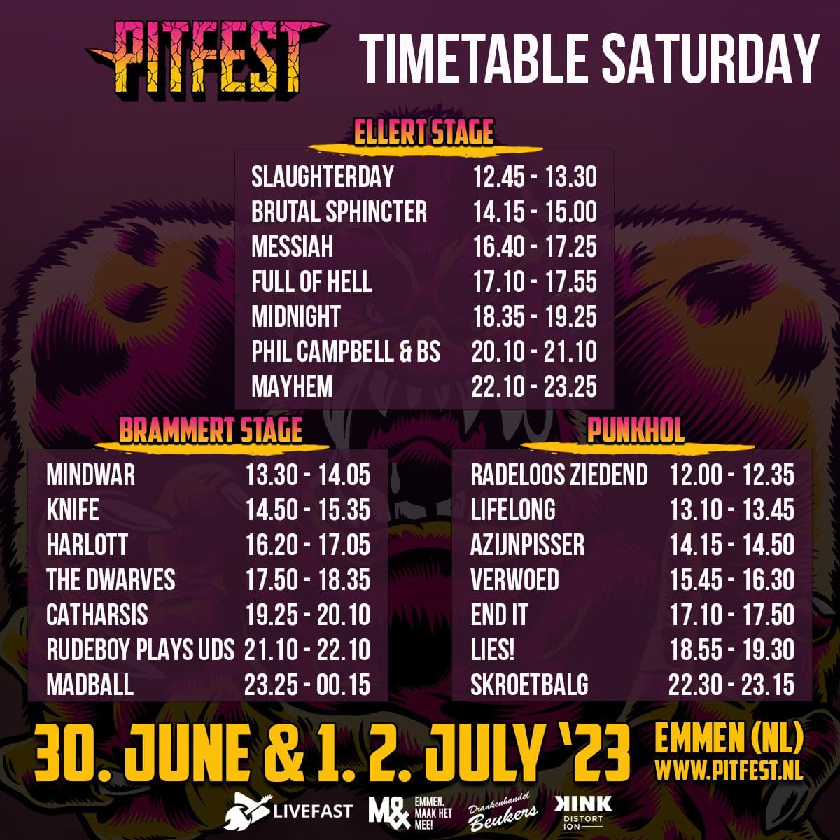 Timetable Zaterdag Pitfest 2023